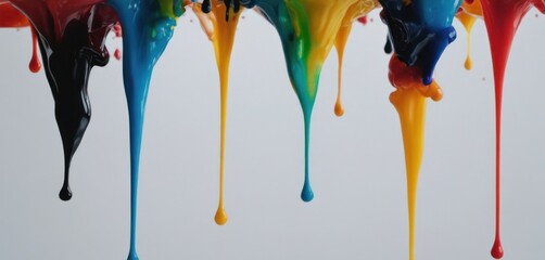  a group of multicolored drops of paint on a white background with a blue sky in the back ground.