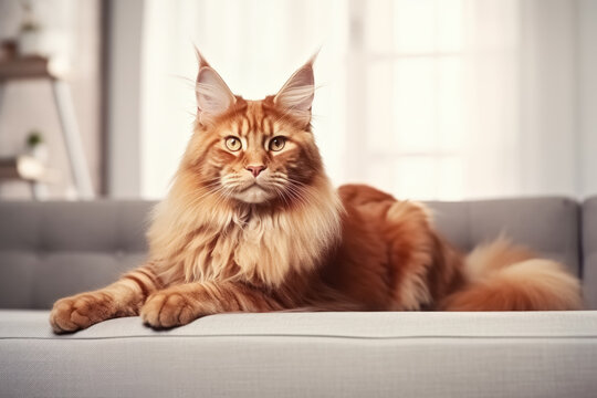 Single nice red maine coon cat lies on gray sofa in living room and looks in camera, empty background with copy space
