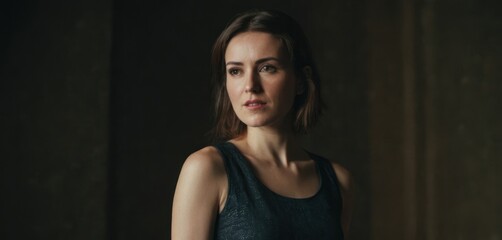  a woman standing in a dark room wearing a tank top and looking at the camera with a serious look on her face.