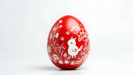 Hand Painted Easter Egg in red Colors on a white Background. Elegant Easter Template with Copy Space