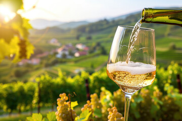 Wine glass with pouring white wine and vineyard landscape in sunny day