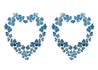 Hearts made of blue flowers. A pair of watercolor hearts. Isolated illustration