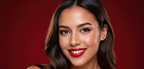  a woman with long dark hair and a red lipstick on her lips is smiling at the camera with a red background.