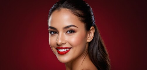  a close up of a woman with a red lip and a ponytail with a smile on her face and a red background.