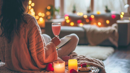 A serene image of self-love on Valentine's Day: a cozy home scene with spa, book, and gourmet treat, celebrating the joy of one's own company.