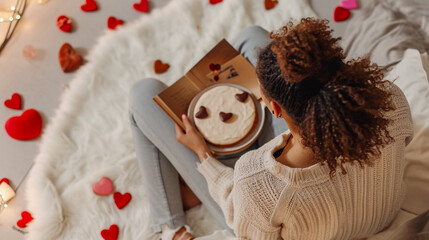 A serene image of self-love on Valentine's Day: a cozy home scene with spa, book, and gourmet treat, celebrating the joy of one's own company.