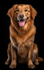 Full body front view studio portrait adorable golden retriever dog sitting and looking in camera isolated on black background
