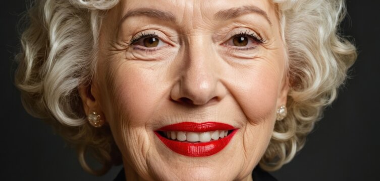  a close up of a person with white hair and red lipstick on a black background with a smile on her face.