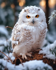 Close-up full body portrait of bird of prey, white snowy owl, sitting on tree branch in forest cowered snow and looking at camera