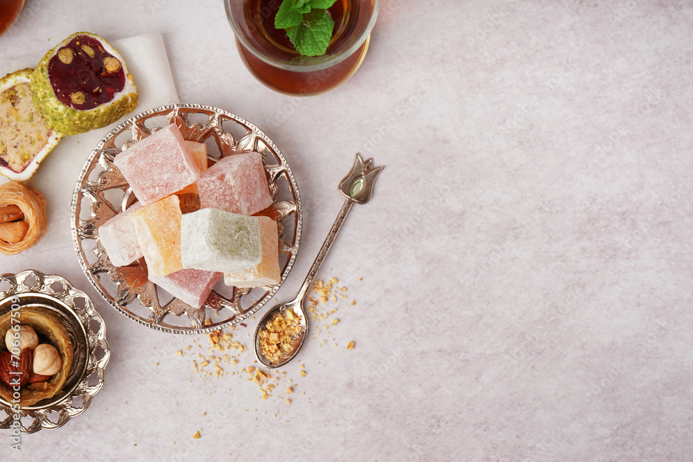 Wall mural plate with tasty turkish delight on light background