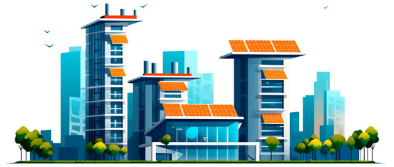 Modern housing constructions in the city that have incorporated solar panels on their roofs and balconies.