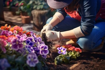 Gardener planting spring and summer flowers in his backyard, home decorating with flowers