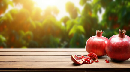 On a wooden table with a pomegranate grove as a backdrop, panorama with space for your product