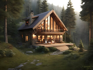 A beautiful wooden house in the forest Ai Generated
