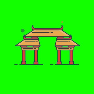 P&oacute;rtico Tradicional de Chinatown: Ilustra&ccedil;&atilde;o Vetorial Animada em Fundo Verde