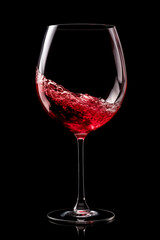 A glass with red wine is isolated on black background. Rose wine splashing in glassware.