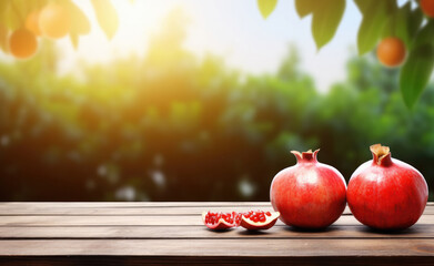 On a wooden table with a pomegranate grove as a backdrop, panorama with space for your product