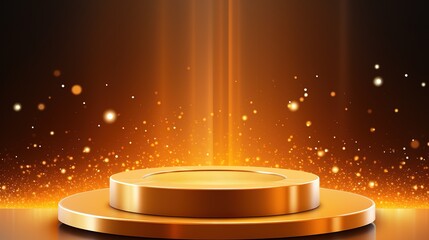 Gold podium for product presentation vector illustration. Abstract empty golden award platform with neon glowing round frame, glitter confetti sparkle rain falling from above background. Generative Ai - obrazy, fototapety, plakaty
