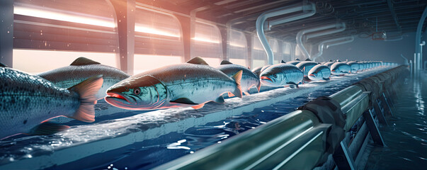 Fish production factory. Conveyor bel with fishs in fish warehouse
