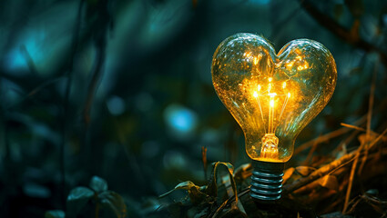 A light bulb in the shape of a heart. Heart shape with bright light inside. Light bulb. 3D render. Space for text, copy space. - obrazy, fototapety, plakaty