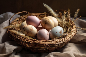 Beautiful composition of colored Easter eggs in a nest on a dark background. Design for holidays, decorations, cards and email newsletters