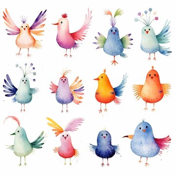 Beautiful trendy stylized colored vintage birds image