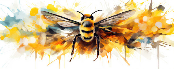 Water color design with flying bee. bee on color art background. - obrazy, fototapety, plakaty