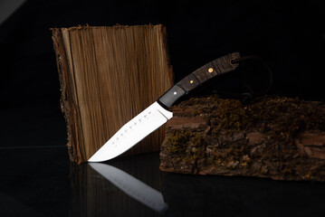 Ein handgeschmiedetes Messer mit einem Griff aus schwarzem Horn auf Holzscheiten