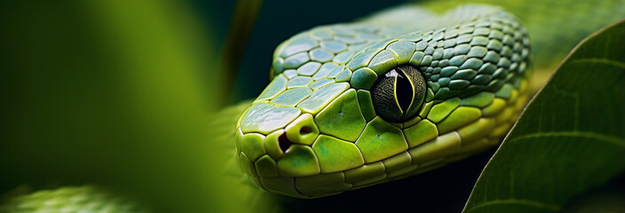 Fototapeta premium Close-up of a green snake on a green leaf