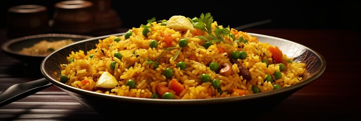 Chinese fried rice with spices and peas, herbs and sauce, vegetables in a bowl, banner - obrazy, fototapety, plakaty