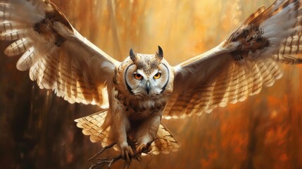 Flying owl. Beautiful owl in flight. Owl in the wild. Owl print, poster, printing on clothes, paper, fabric, stationery, wallpaper. Beautiful bird in flight. - obrazy, fototapety, plakaty