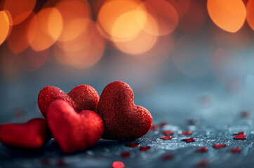 Glittering Red Hearts with Bokeh Lights - Romantic Atmosphere, Background, Valentine's Day concept, Generative AI