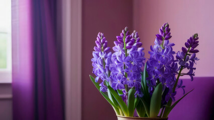 Fototapeta premium Blue hyacinths on background of lilac wall of cozy room. Fresh spring garden primroses in pot, next to the window, on bright sunny day. Natural beauty and tenderness. Close-up. Copy space.