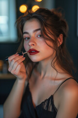 Young woman put on lipstick uses professional cosmetics, getting ready for date