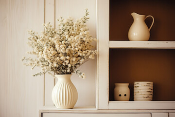 Dry white flowers in a classic vase on a shabby chic dresser.