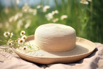 A straw hat adorned with daisies resting on a meadow.