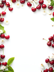 Frame with fresh cherries on white background with copy space 