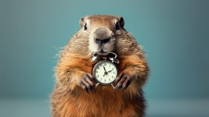 Portrait of a groundhog with an alarm clock in his paws isolated, postcard template, printable....