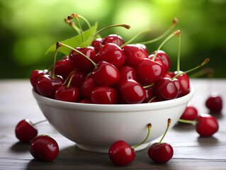 Fresh cherries in a white bowl on table with blurry green outdoor background