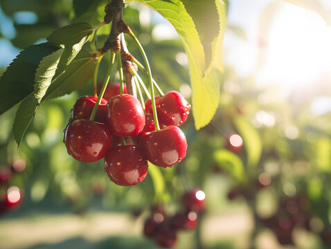 Close up of fresh cherries growing on a tree, blurry sunlight background 