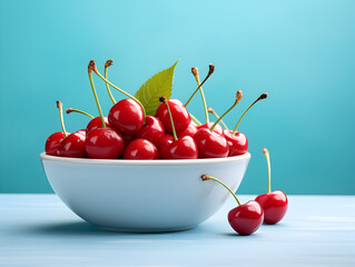 Fresh red cherries in a blue bowl on white background 
