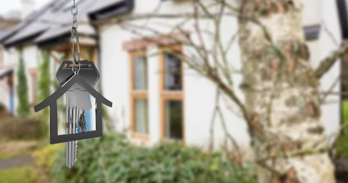 Animation of hanging house keys against blurred view of house exterior