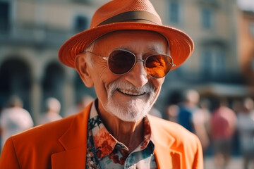 Elderly man with a cheerful smile. Grandfather in glasses and fashionable clothes on vacation. Cheerful retired grandfather in bright clothes. Elderly man with a face smile. Happy pensioner with smile