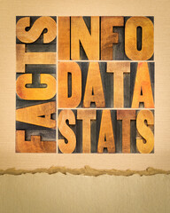 information, data, facts, stats word abstract - text in vintage letterpress wood type printing blocks on art paper, media and communication concept