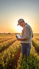 A male agronomist farmer with a digital tablet in the hands studies the quality of wheat harvest, modern technologies in agroindustry - obrazy, fototapety, plakaty