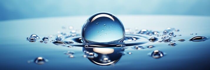A large drop of water falls in the water, a drop of water comes into contact with water, banner