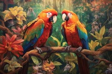 Beautiful two parrots birds on tree branch picture