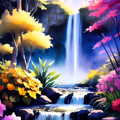 Watercolor painting of a beautiful waterfall flowers garden. Digital art landscape illustration.