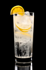 Refreshing classic Tom Collins or Whiskey sour cocktail with a maraschino cherry and lemon slice on black background