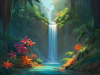 Beautiful tropical waterfall in the jungle. Digital art landscape illustration.